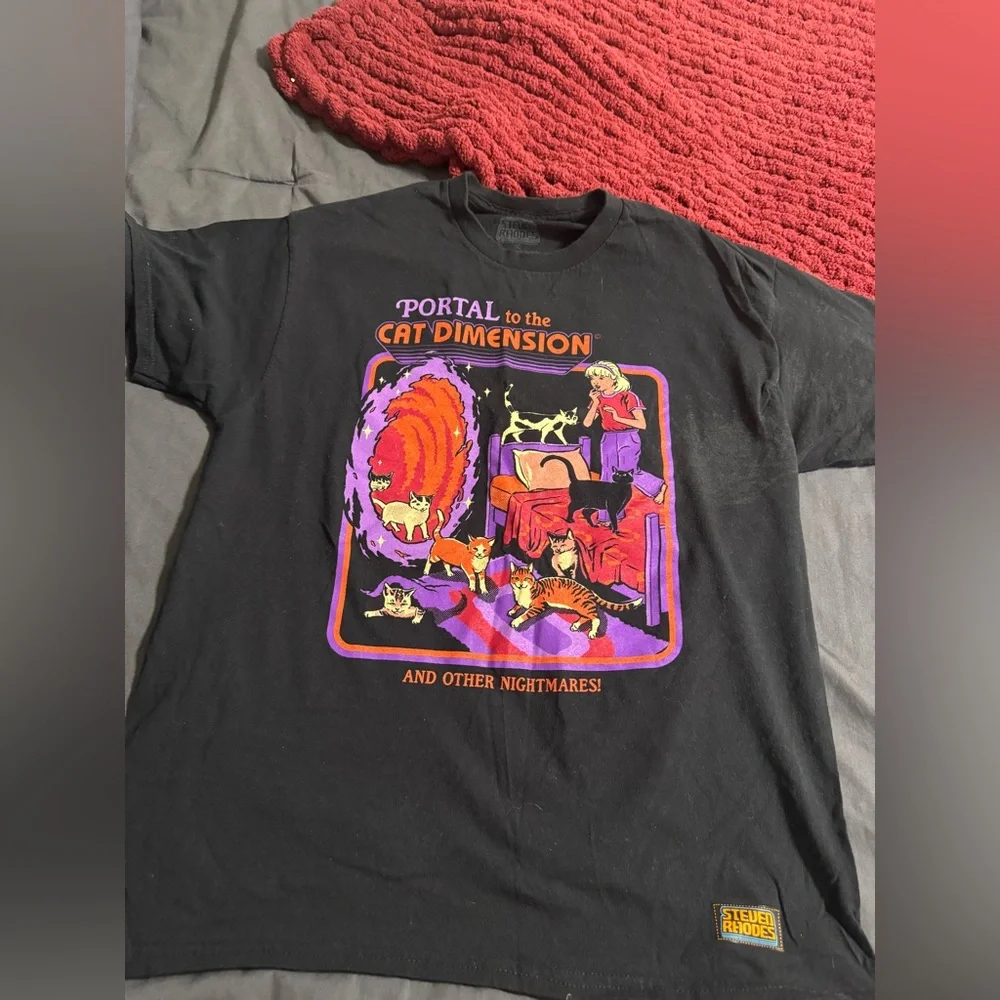 Portal to the Cat Dimension Graphic Tee - Black with Purple & Orange Print